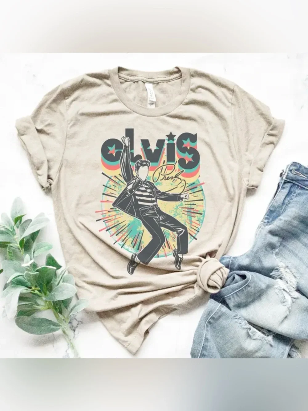 Elvis Presley Graphic Tee - Beige Retro Unisex Shirt - Picture 1 of 5
